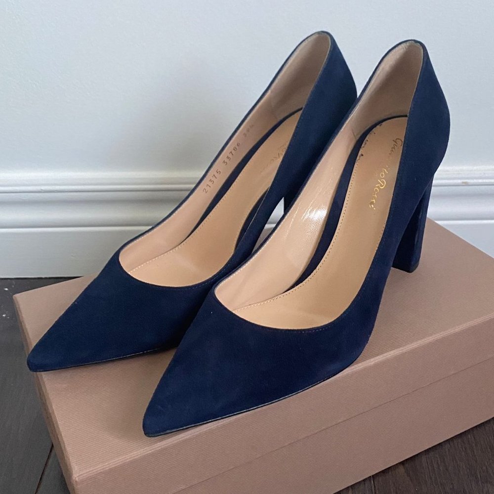 Gianvito Rossi Piper 85 Blue Suede Block Heels - Picture 1 of 8